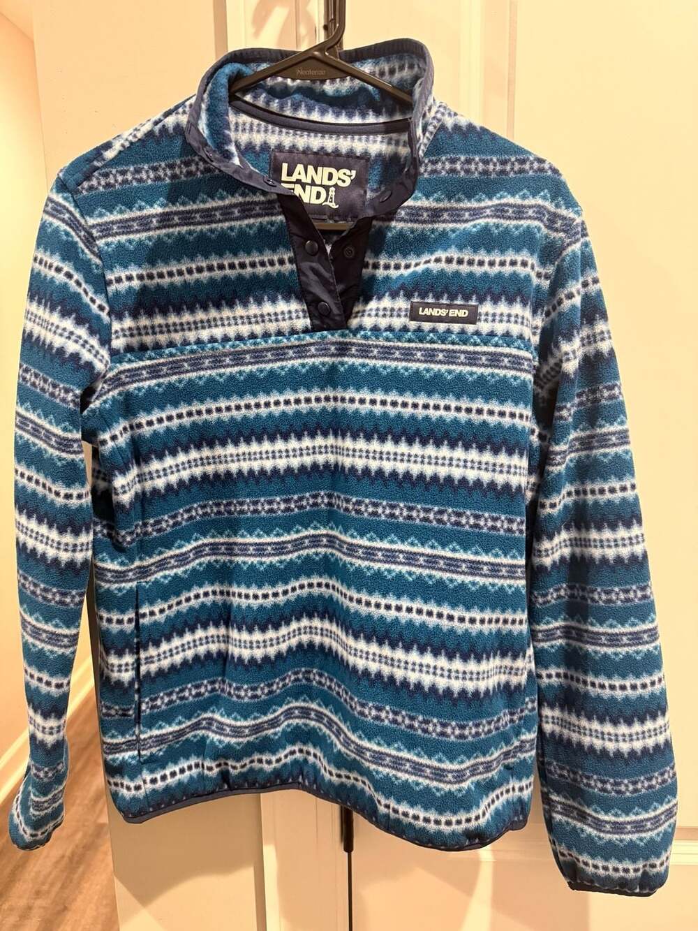 Lands' End Fleece Pullover Size XS Blue Fair Isle Print Snap Neck